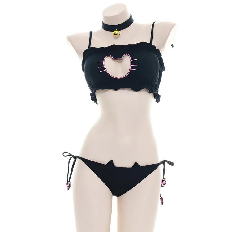 Cat Paw Print Hollow Lace-Up Lingerie Set - Modakawa Modakawa
