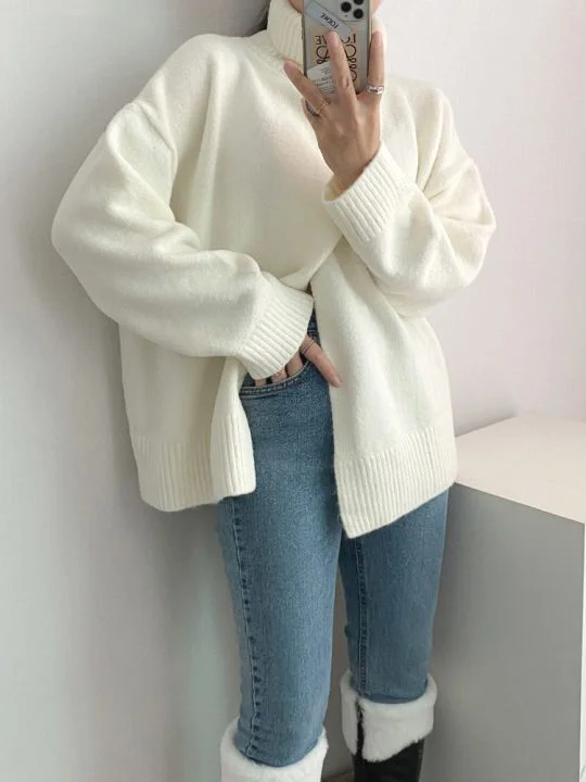 High Neck Loose Front And Back Split Pullover Sweater