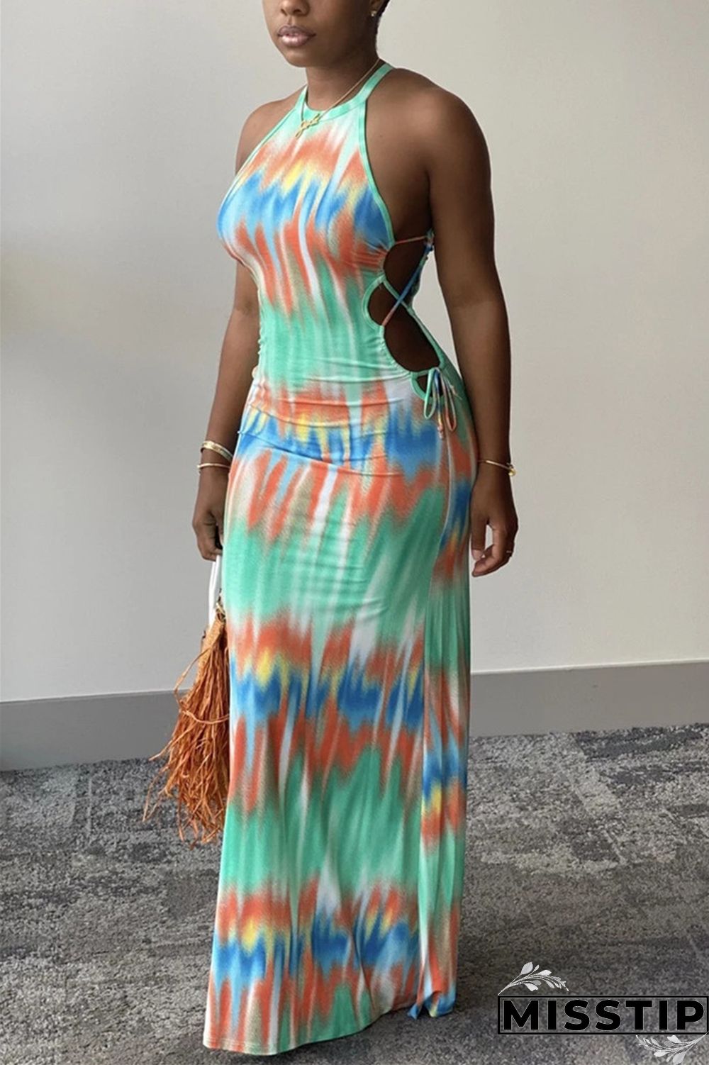 Green Sexy Fashion Tie-dye Printed Sleeveless Dress