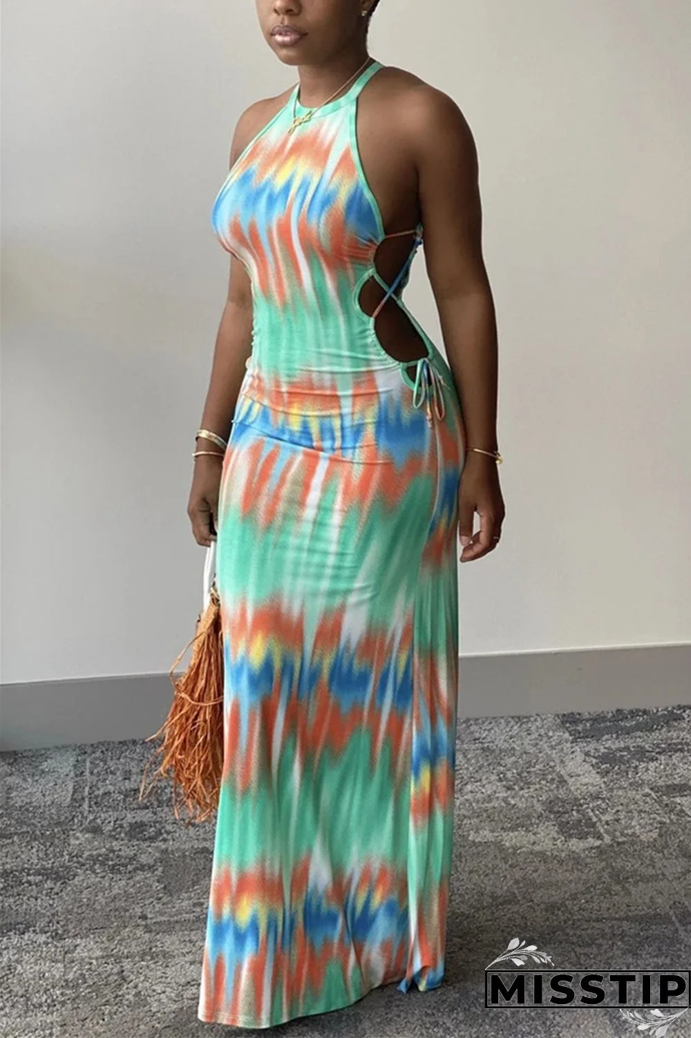 Green Sexy Fashion Tie-dye Printed Sleeveless Dress
