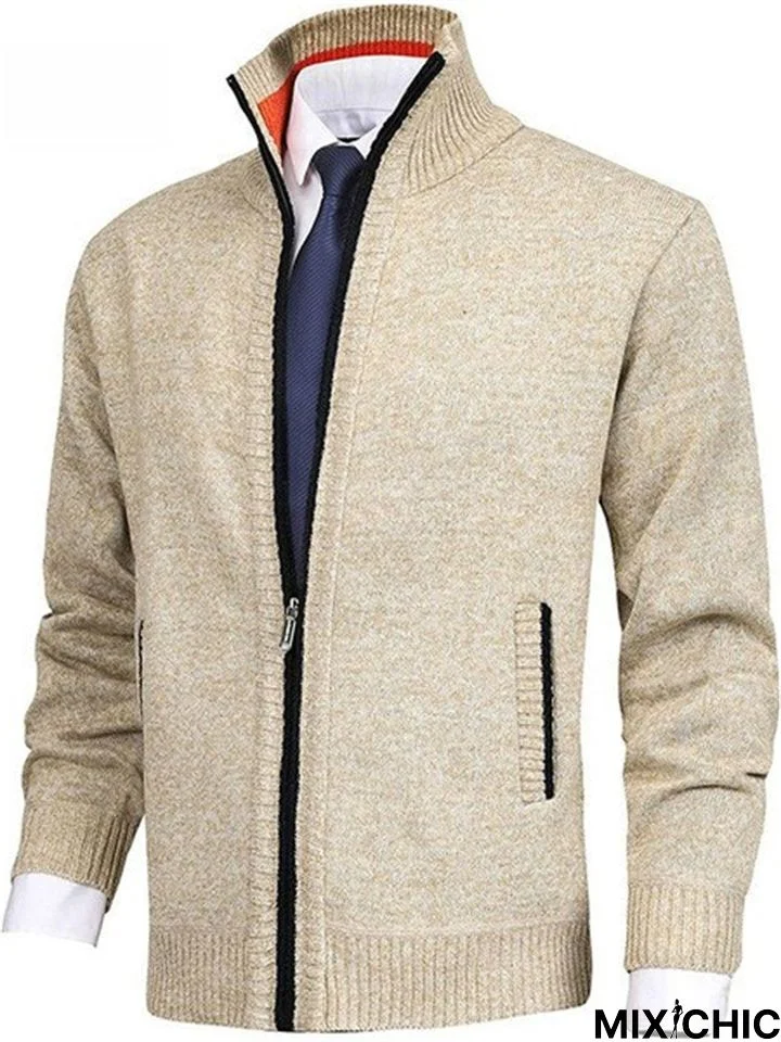 Men's Solid Color Stand Collar Fashion Cardigan Sweater