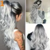 Fashion Ombre Black Light Gray Body Wave Wig 24-inch Curly Wave Long Wig 