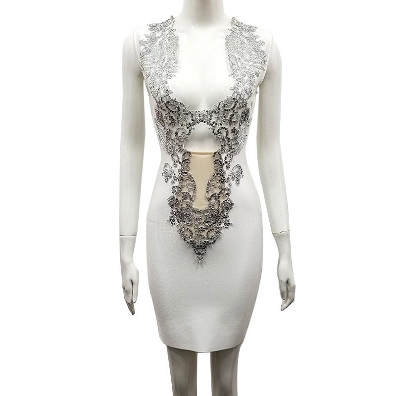 Neosepa-Sexy Deep V Neck Hollow Cut Embroidery Slim Waist Party Dress