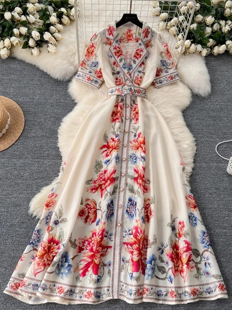 Summer Vintage Court Floral Print Dress Women's Notched Collar Short Sleeve Pearls Single Breasted Belt Linen Maxi Long Robe