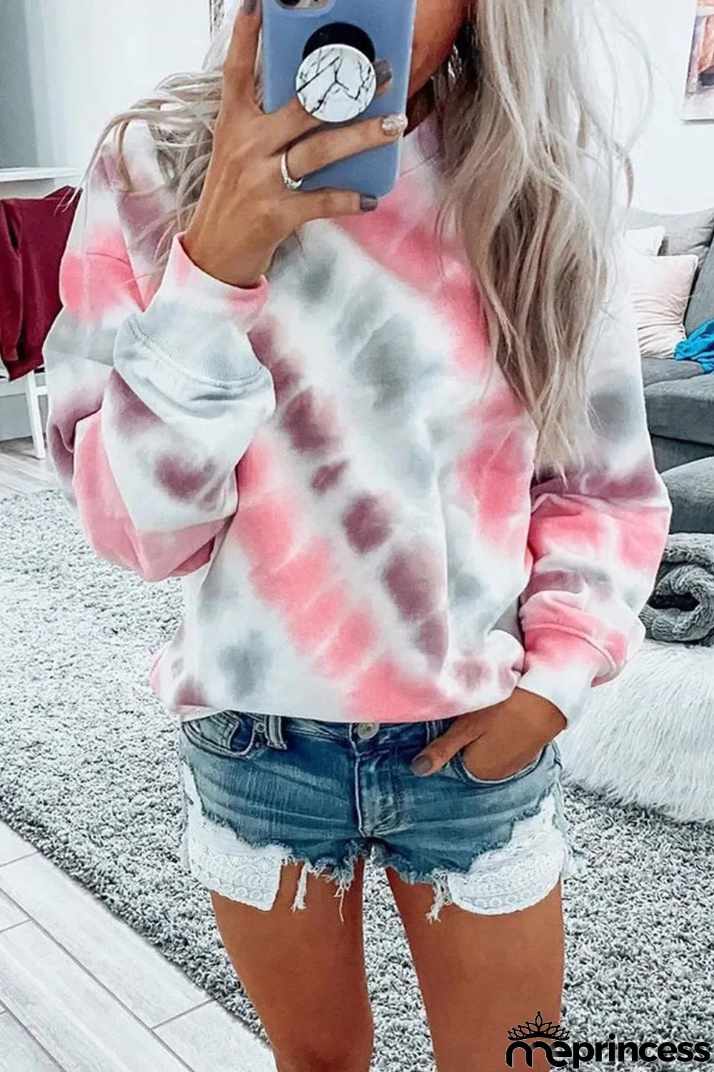 Pink Casual Tie-dye Round Neck Sweatshirt