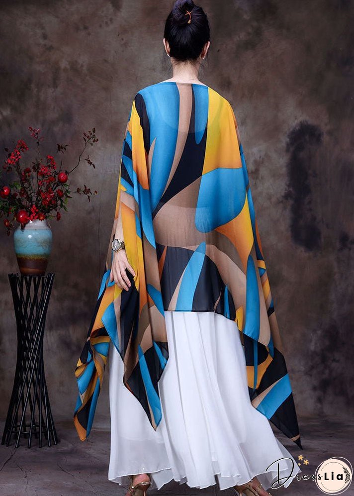 Women Yellow Blue Asymmetrical Design Print Chiffon Top Batwing Sleeve