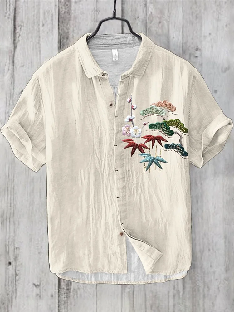 Men'S Vintage Japanese Floral And Botanical Ukiyo-E Embroidery Print Short Sleeve Shirt
