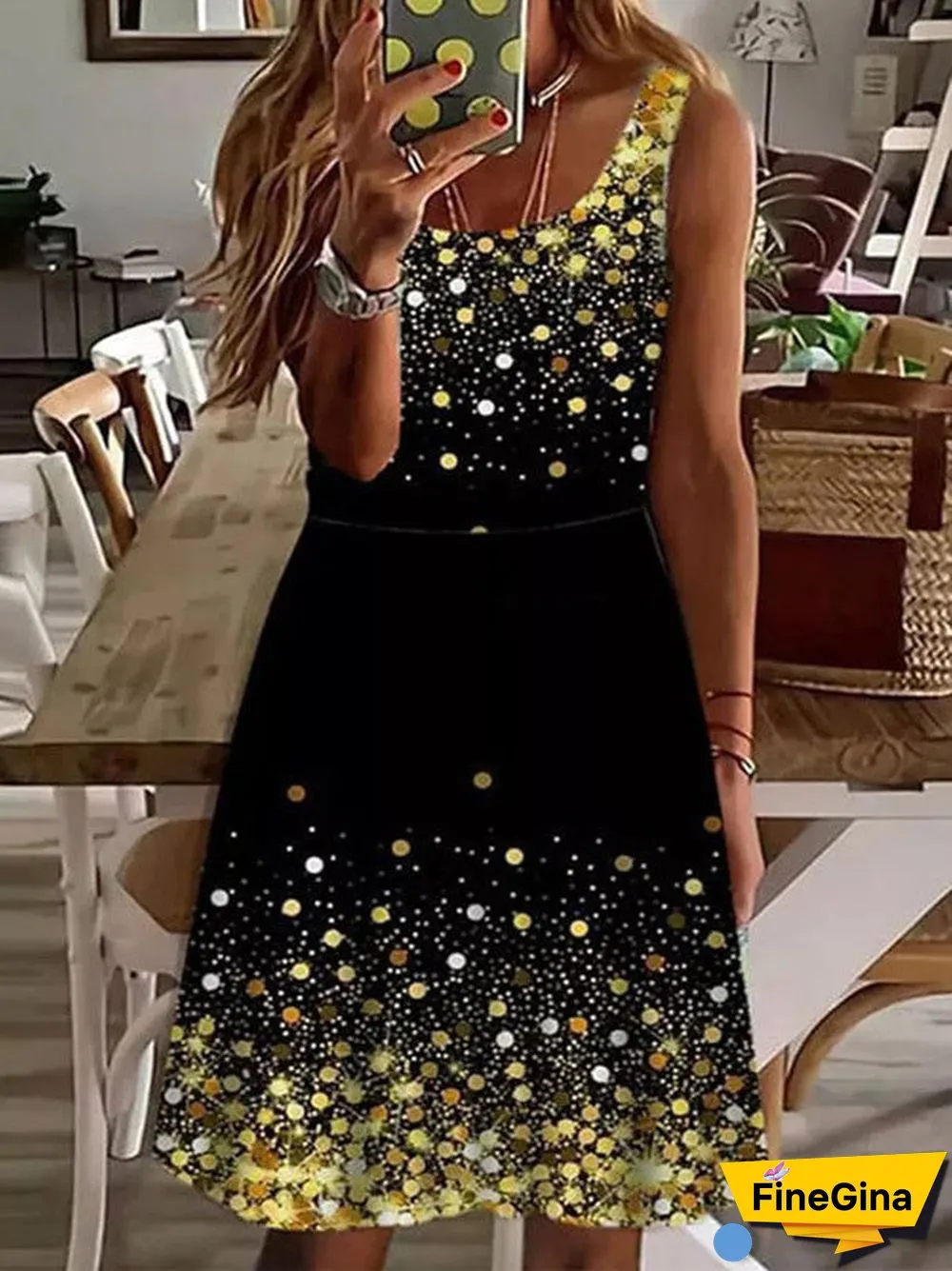 Women's Sleeveless Scoop Collar Floral Printed Midi Dress