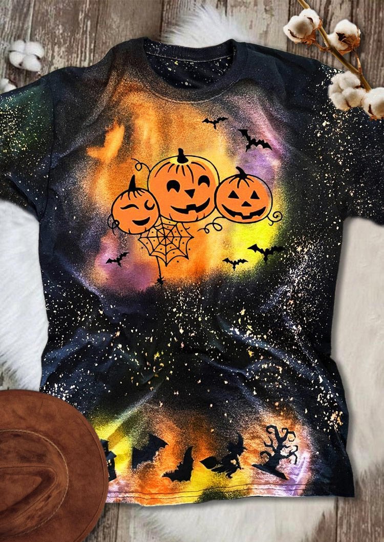 Halloween Pumpkin Face Bat Bleached T-Shirt Tee