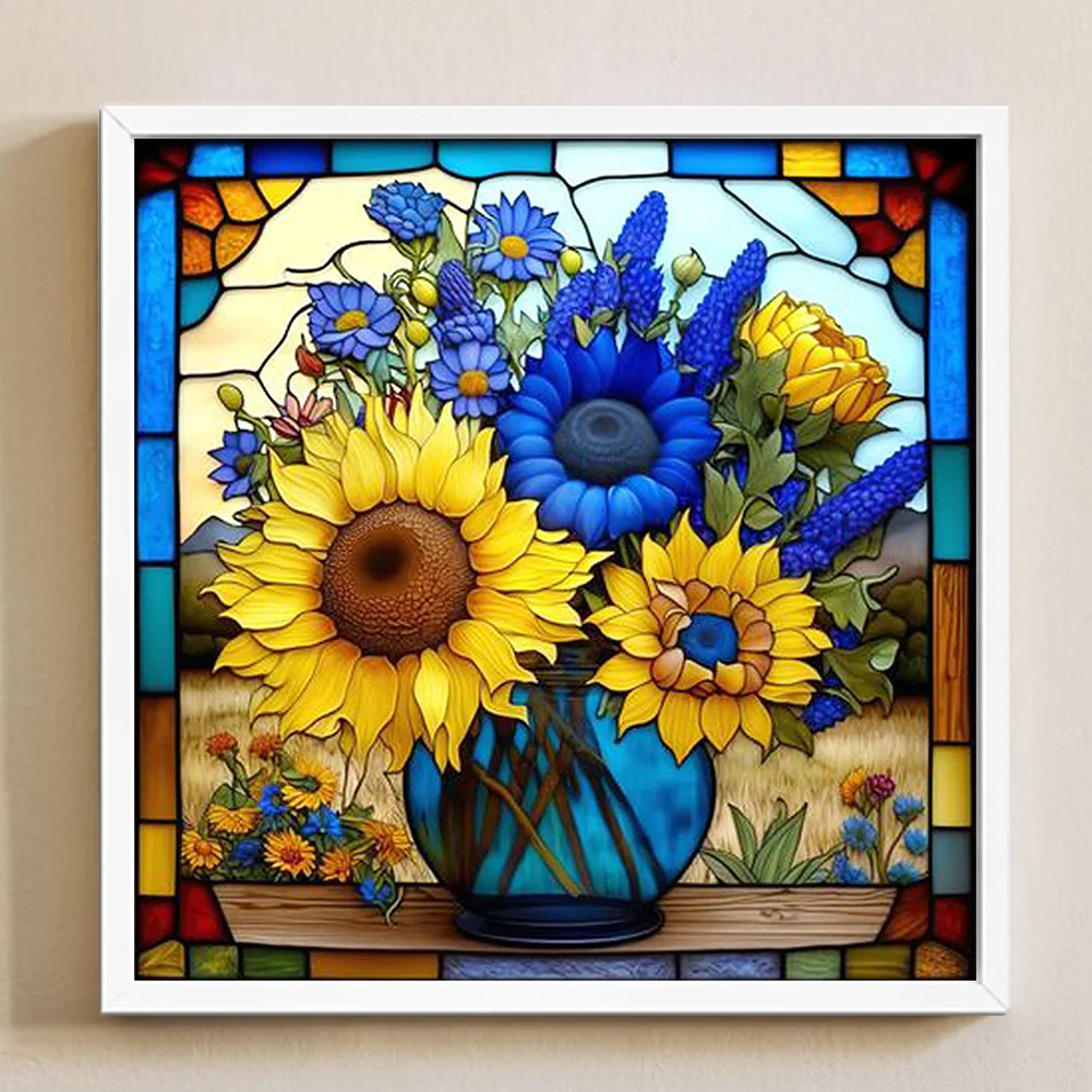 DIY Stamped Cross Stitch 14CT Full Embroidery 40*40cm - Glass Painting-Sunflowers