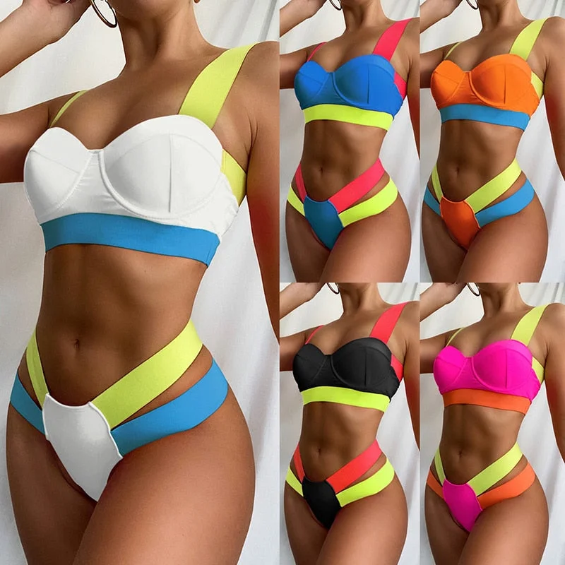 Ellolace Women's Swimsuits Sexy Swimwear Patchwork Bikini 2020 Woman Push up Biquini Neon Bikinis Swimsuit Bathing Suits 2021