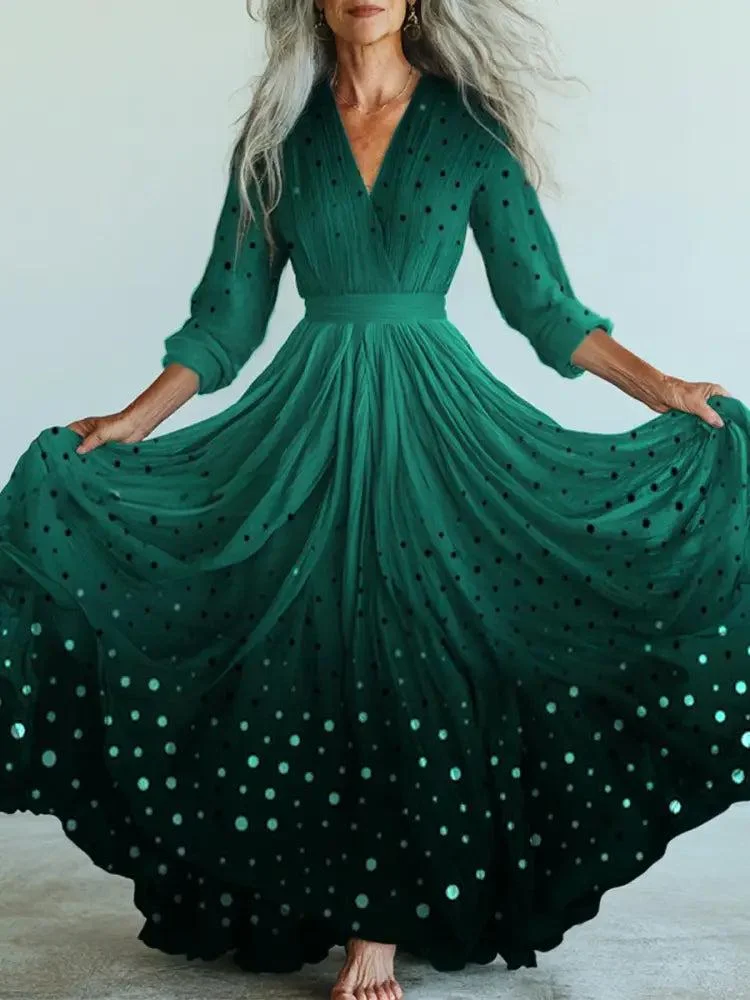 Retro Green Star Spot Art Printed Vintage V-Neck Long Sleeves Midi Dress