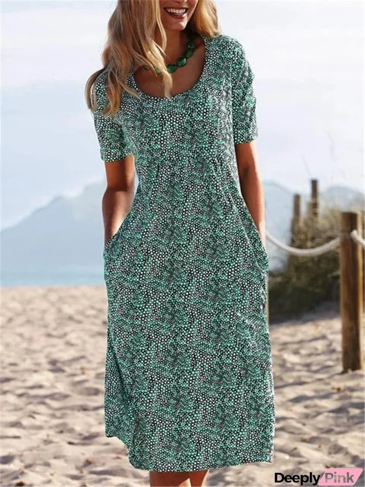 Relaxed Fit V Neck Short Sleeve Floral Printed Pleated Pocket Midi Dress