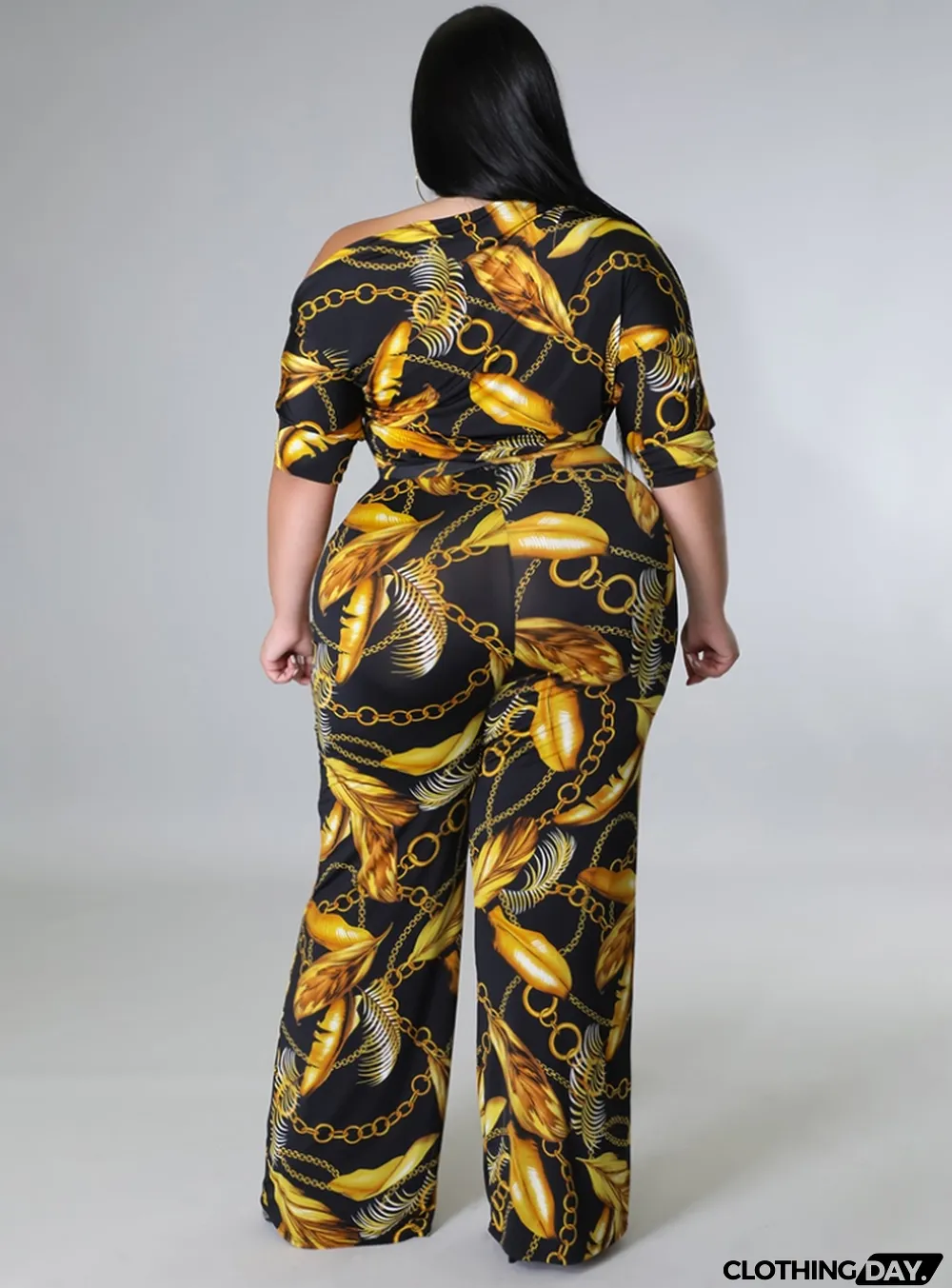 Women Autumn Gold Modest Slash Neck Half Sleeves Print Belted Full Length Loose Plus Size Jumpsuit