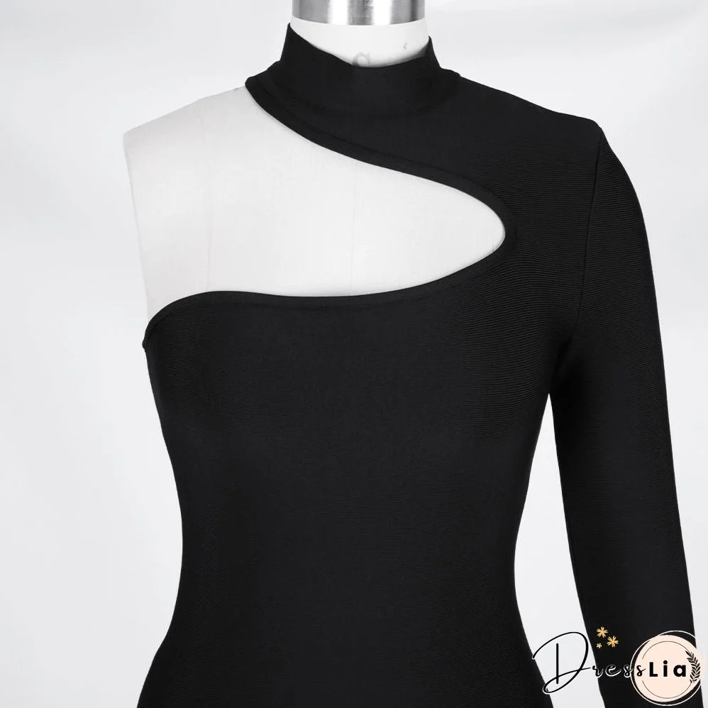High Neck Long Sleeve Asymmetrical Mini Bandage Dress PZ19187