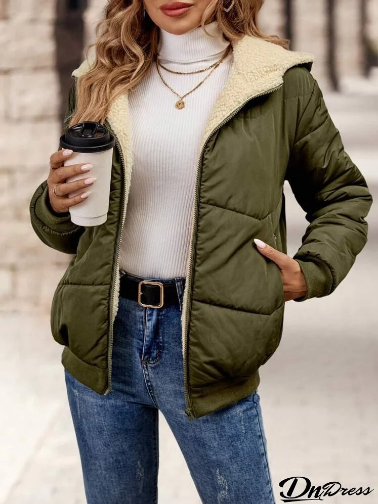 Women Fleece-Lined Hooded Zip-Up Padded Coat With Pockets