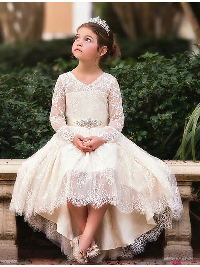 Oknass Ball Gown  Long Sleeve V Neck Flower Girl Dresses Lace With Bow Appliques  Solid