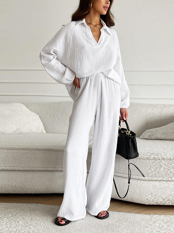 Loose Casual Long Sleeve Blouse Long Pants Two-Piece Set