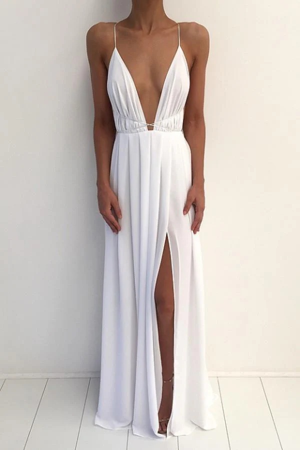 Ovlias Dazzling White Spaghetti Strap Backless Split Flowy Evening Dress LY0587