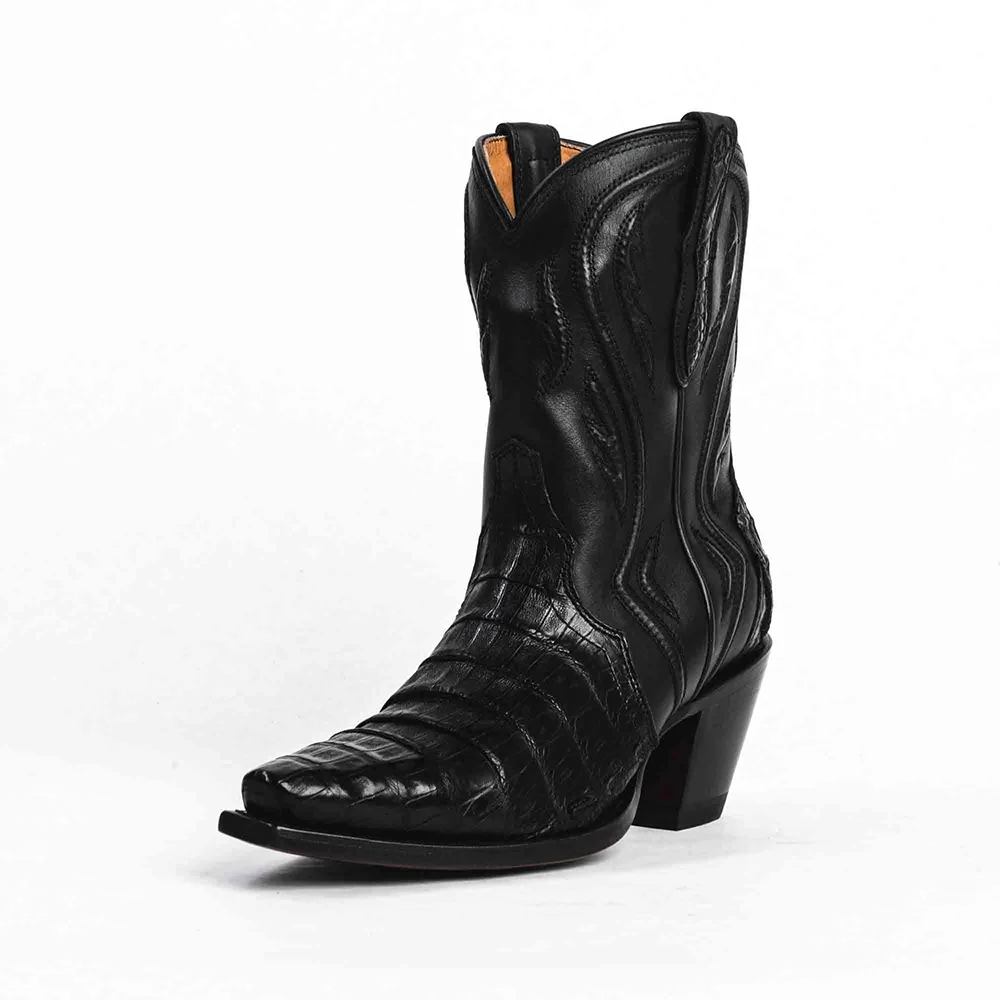 Black Snip Toe Chunky Heel Croc Embossed Cowboy Boots for Women