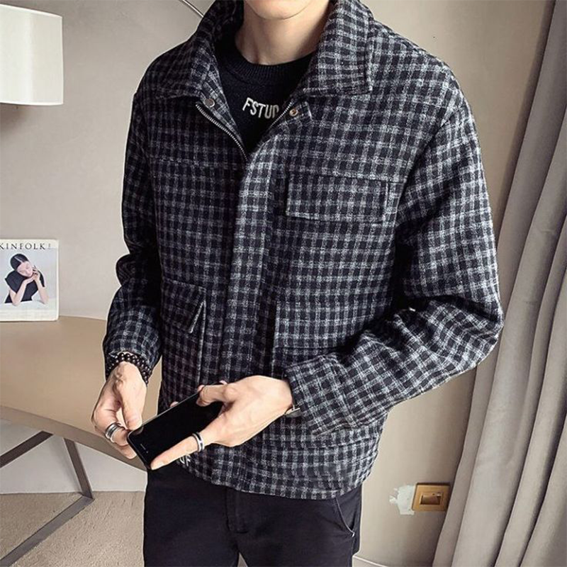 Men's Casual Check Textured Long Sleeve Jacket、、URBENIE