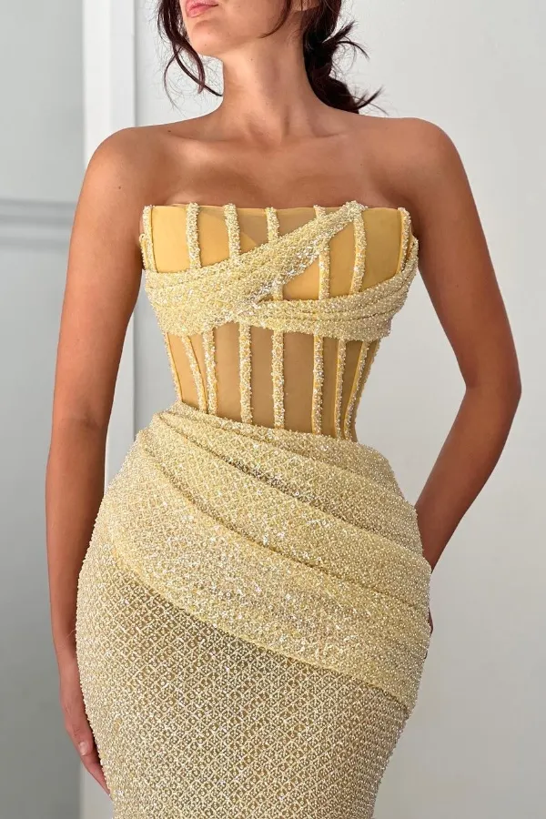 chinese dress ladies Berylove Women Light Yellow Mermaid Prom Dress with Slit One Shoulder Satin Maxi Dress with Pearls, Light Yellow / US20W main image 0