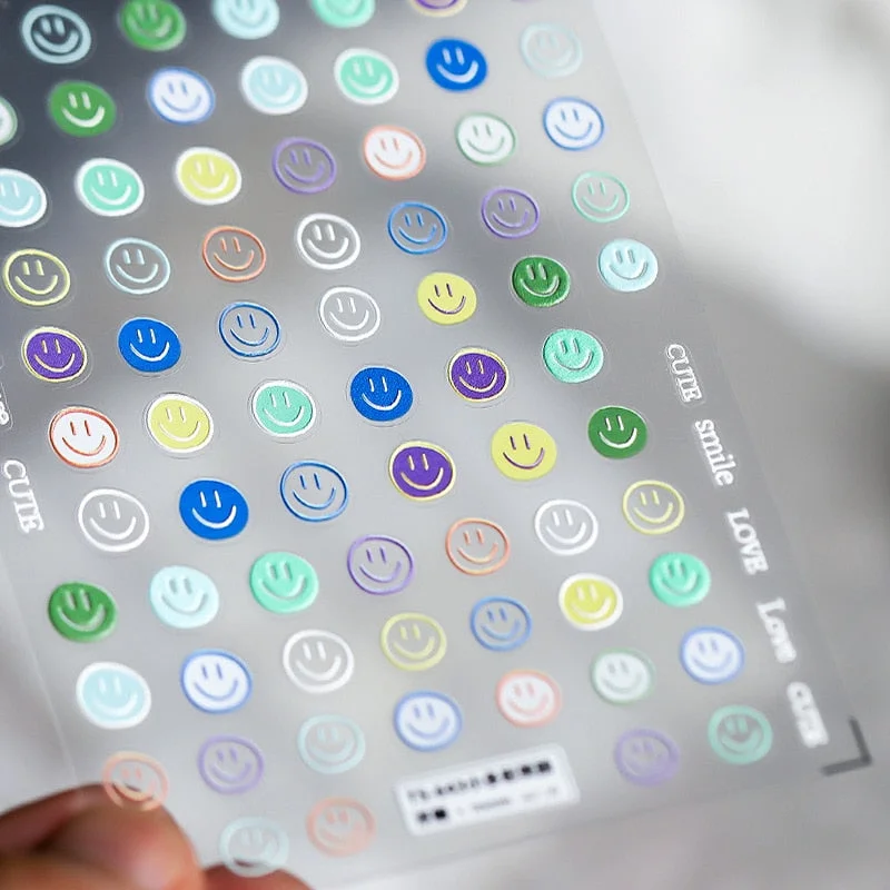 1 Sheet 5D High Quality Ultra-Thin Adhesive Smiley Nail Art Stickers Spring and Summer Cute Smile DIY Manicure Decal Decoration-Nail Inspo