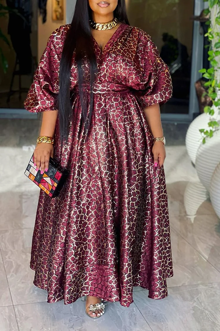 Plus Size Semi Formal Dress Burgundy V-Neck Pattern Print Puffy Sleeves Maxi Dress [Pre-Order]