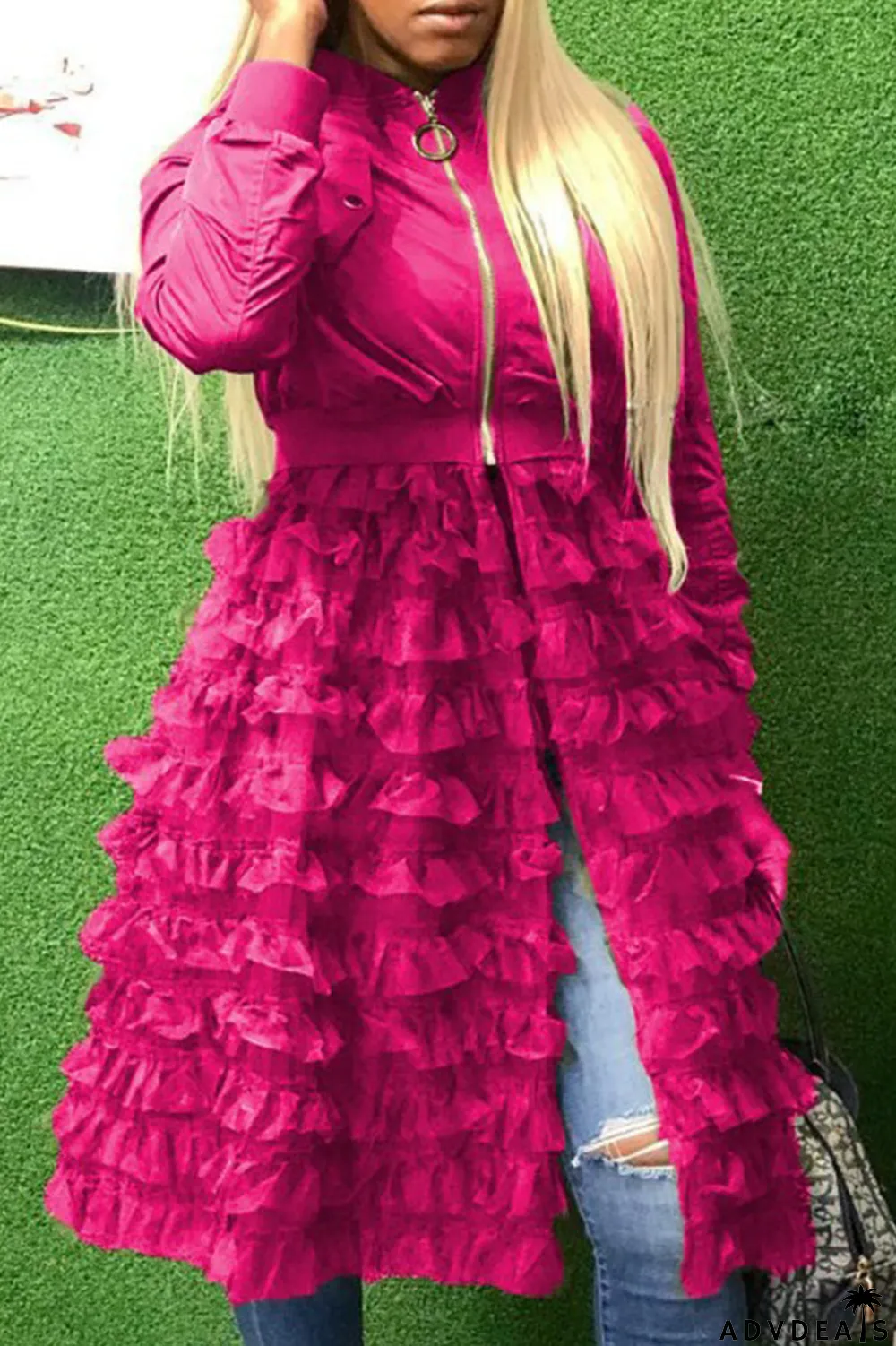 Red Casual Patchwork Mesh Zipper Collar Outerwear