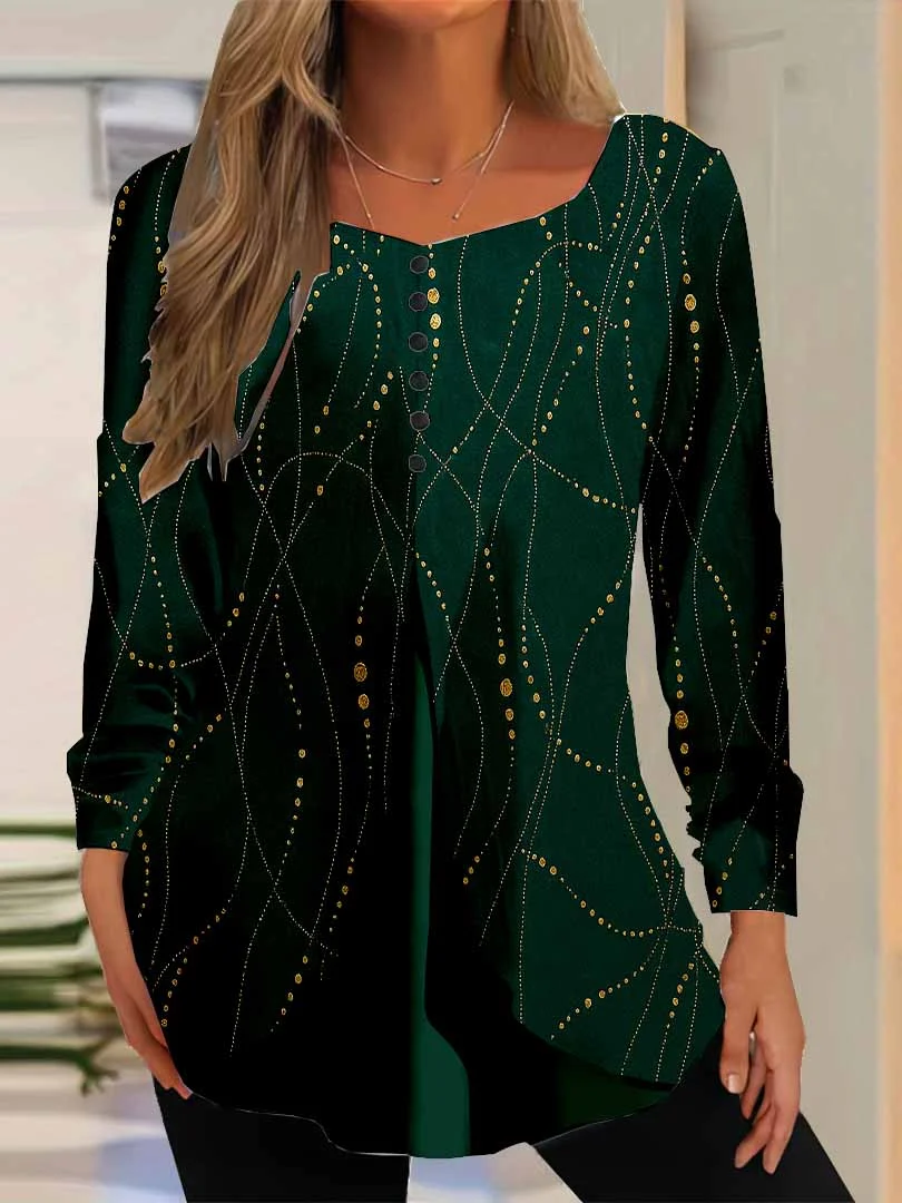Women Striped,Green DZGG8279 Long Sleeve Scoop Neck Printed Graphic Button Fake 2in1 Tops