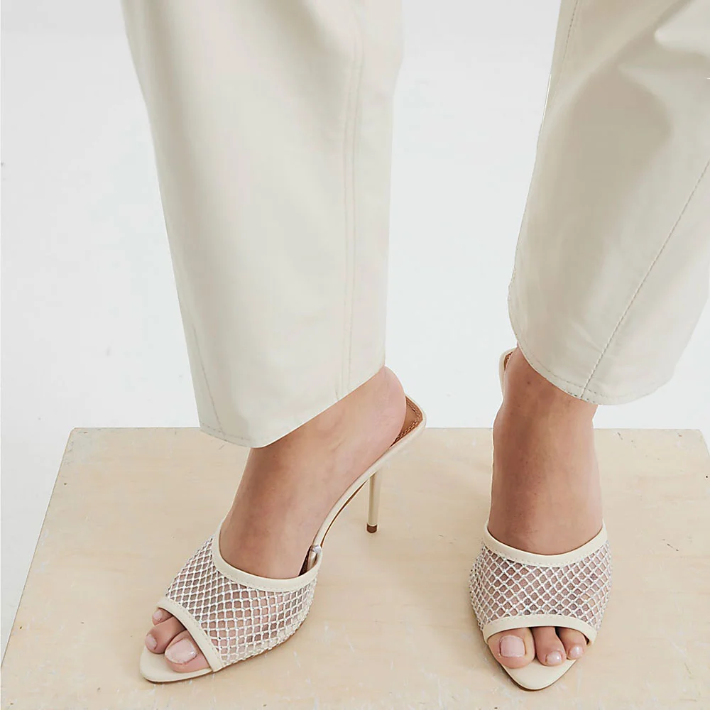 Ivory Rhinestone Mesh Open Toe Stiletto Heel Mules Sandals