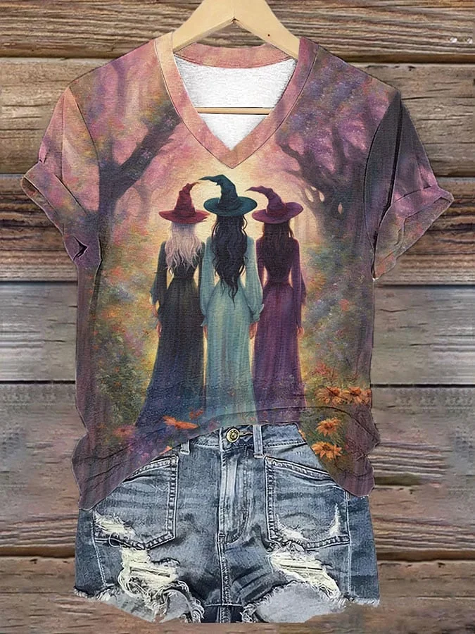 Women's Halloween Magical Enchanting Witches Coven Print Casual V-Neck Tee