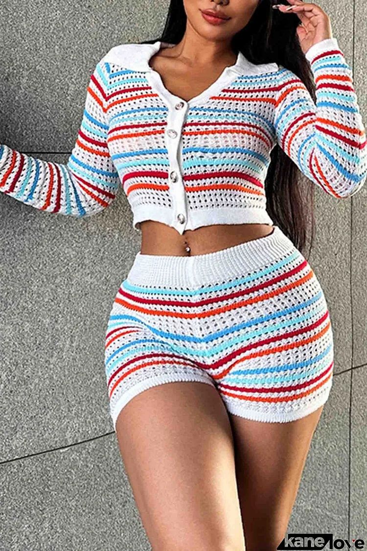 Contrast Striped Lapel Knitted Shorts Two Piece Set