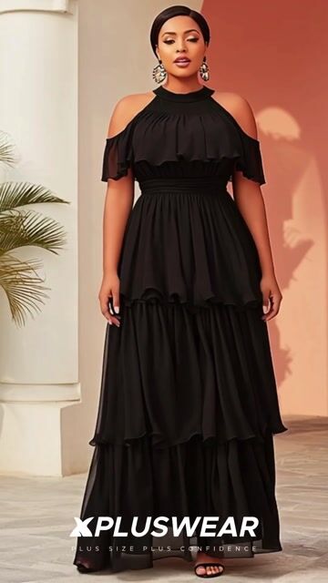 Xpluswear Design Plus Size Cocktail Party Black Halter Collar Cold Shoulder Short Sleeve Ruffle Tiered Chiffon Maxi Dresses 2024 - Xpluswear
