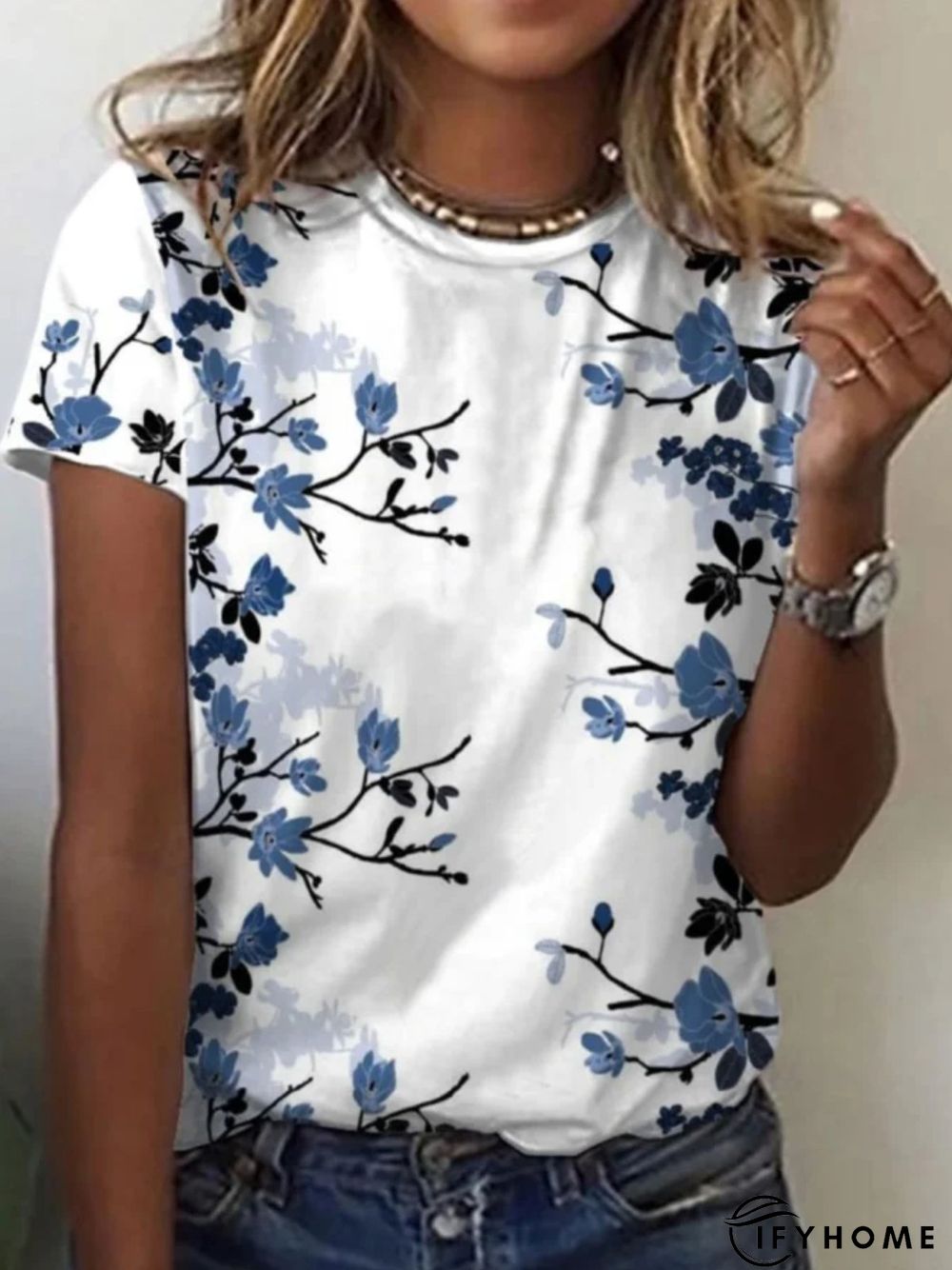 Casual Short Sleeve Round Neck Printed T-shirt | IFYHOME