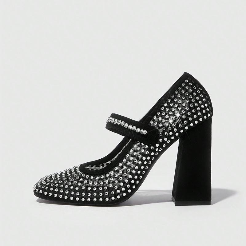 GOOSHOE Black Square Toe Chunky Heel Rhinestones Net Pumps Office Mary Jane Shoes