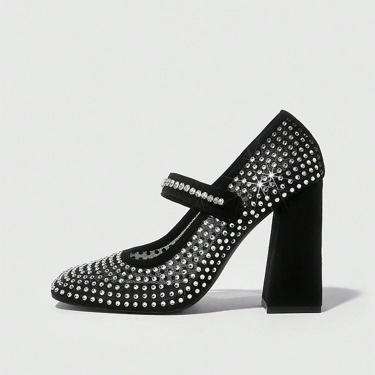 Black Square Toe Chunky Heel Elegant Rhinestones Net Pumps Office Mary Jane Shoes |FSJ Shoes