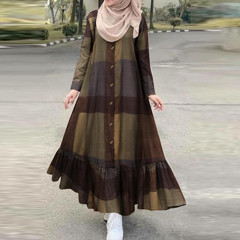 Vintage Check Muslim Dress Women's Autumn Sundress 2022 ZANZEA Casual Long Sleeve Ruffle Vestidos Female Button Printed Robe