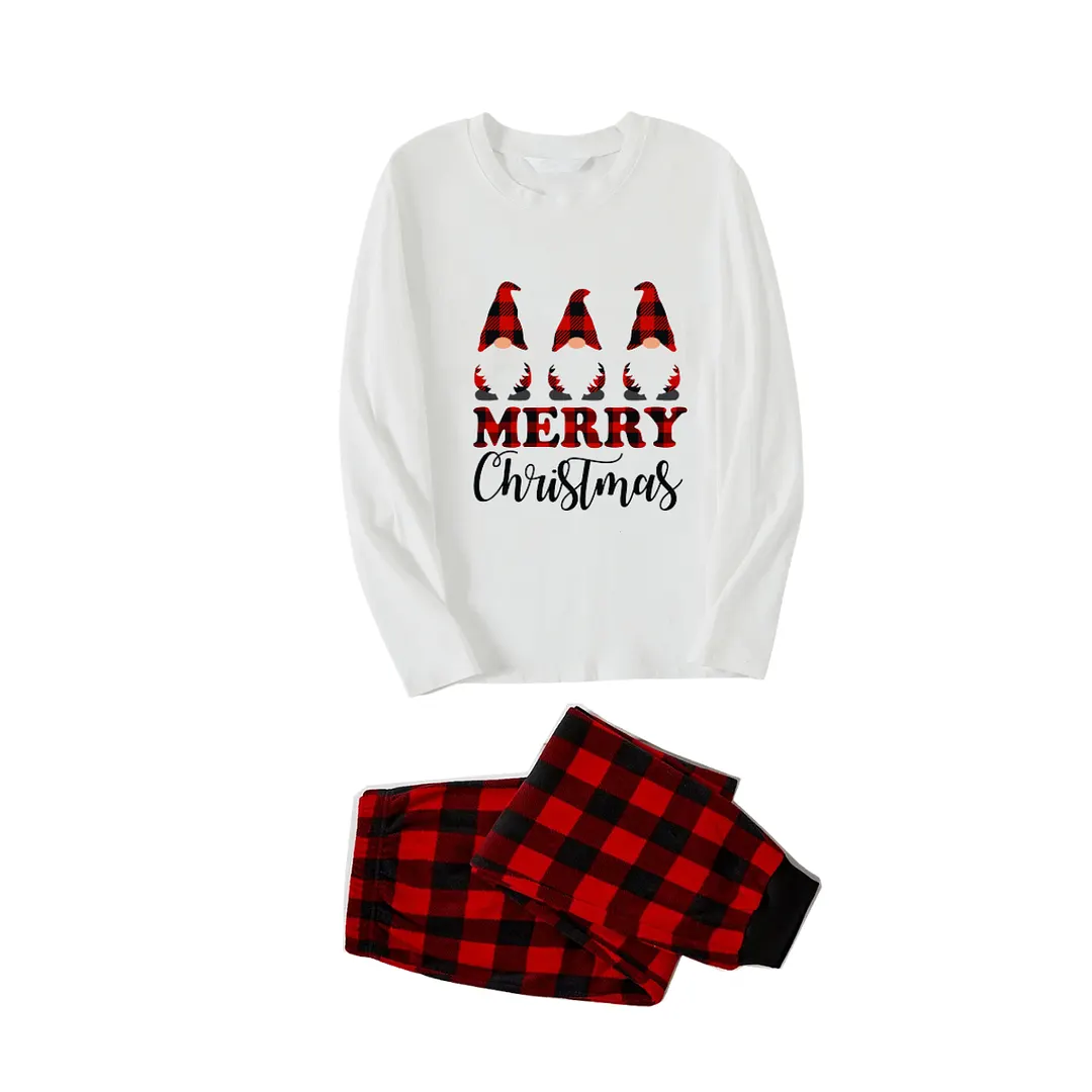 MERRY Christmas Letters And Santa Hat Printed White Long Sleeve Top with Red & Black Plaid Pants Couple Pajamas