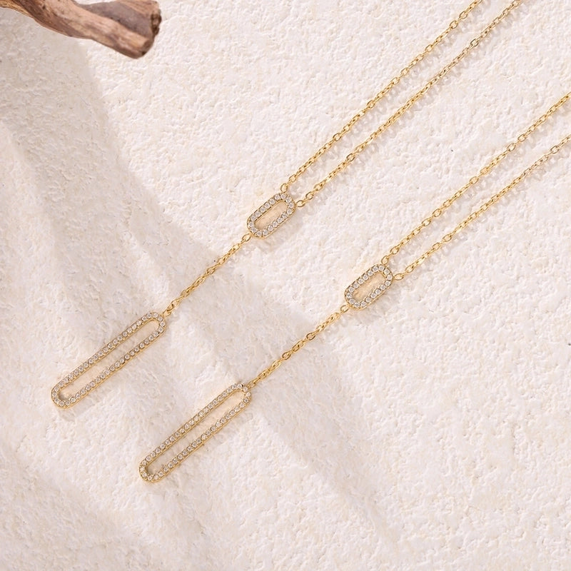 Elegant Luxurious Vacation Rectangle Titanium Steel 18K Gold Plated Rhinestone Necklace