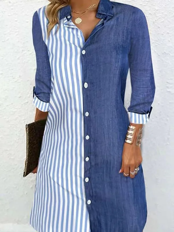 Long Sleeves Loose Asymmetric Split-Joint Striped Lapel Mini Dresses Shirt Dress