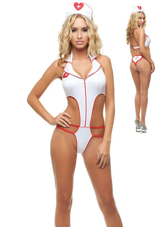 Sexy White Turndown Teddy Nurse Costume-elleschic