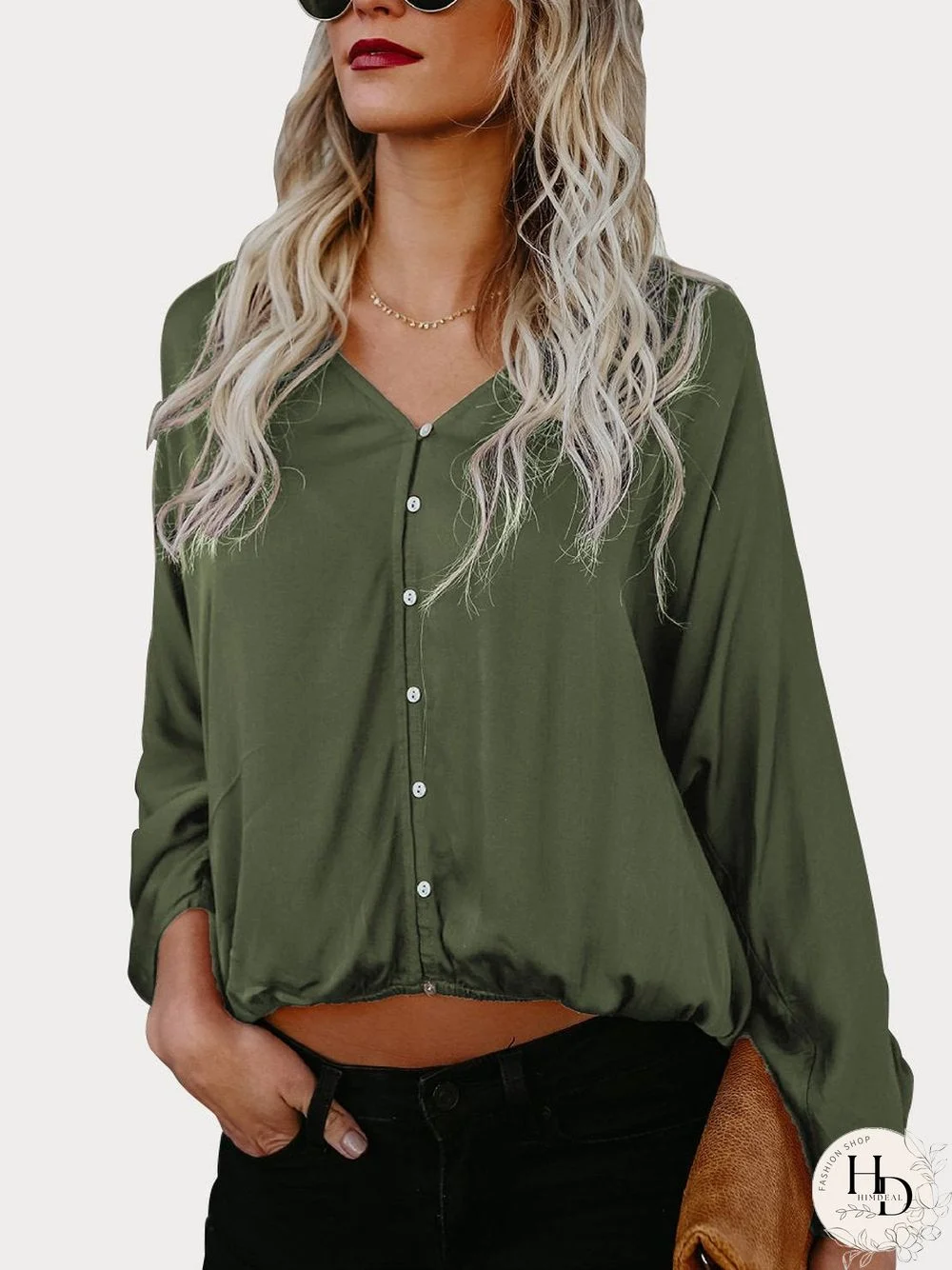 Green Button Down V Neck Casual Blouse