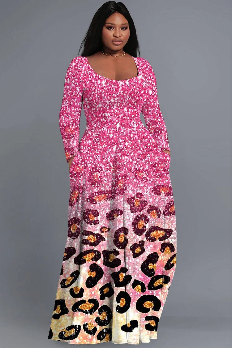 Xpluswear Design Plus Size Daily Pink All Over Print Round Neck Long Sleeve Pocket Casual Maxi Dresses 2024 - Xpluswear