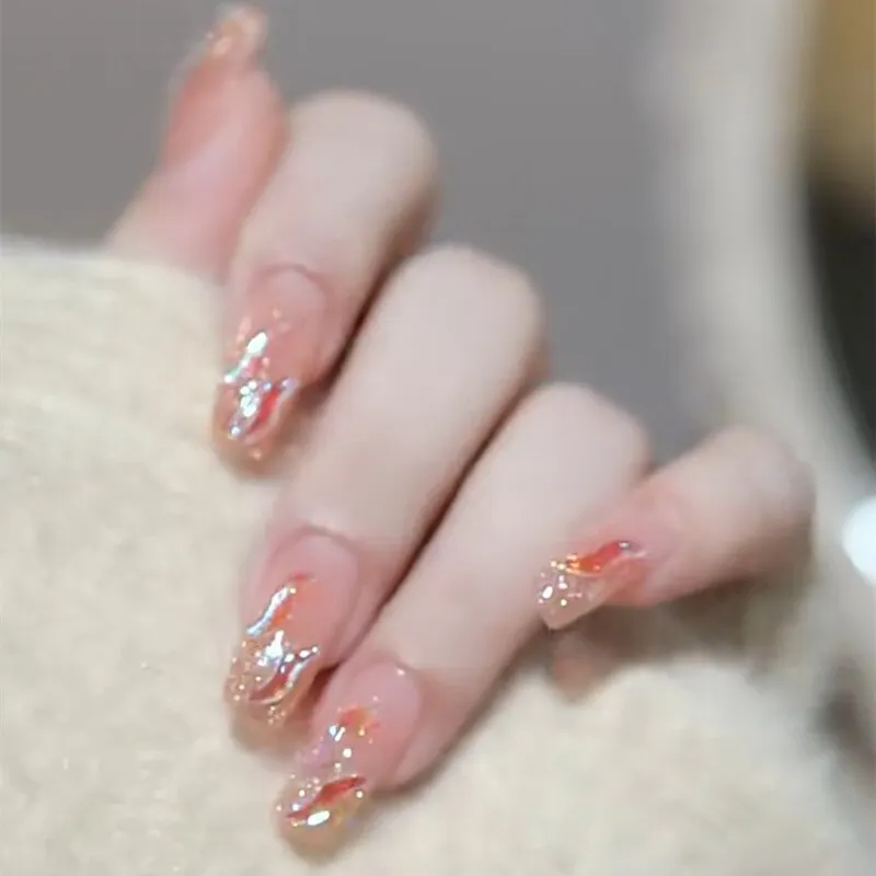 24PCS Fake Nail Exqusite Pearl Decor Girls Mid Length Coffin Ballet Press On Nails Full Cover Fake Nail Long Paragraph Fake Nail-Nail Inspo