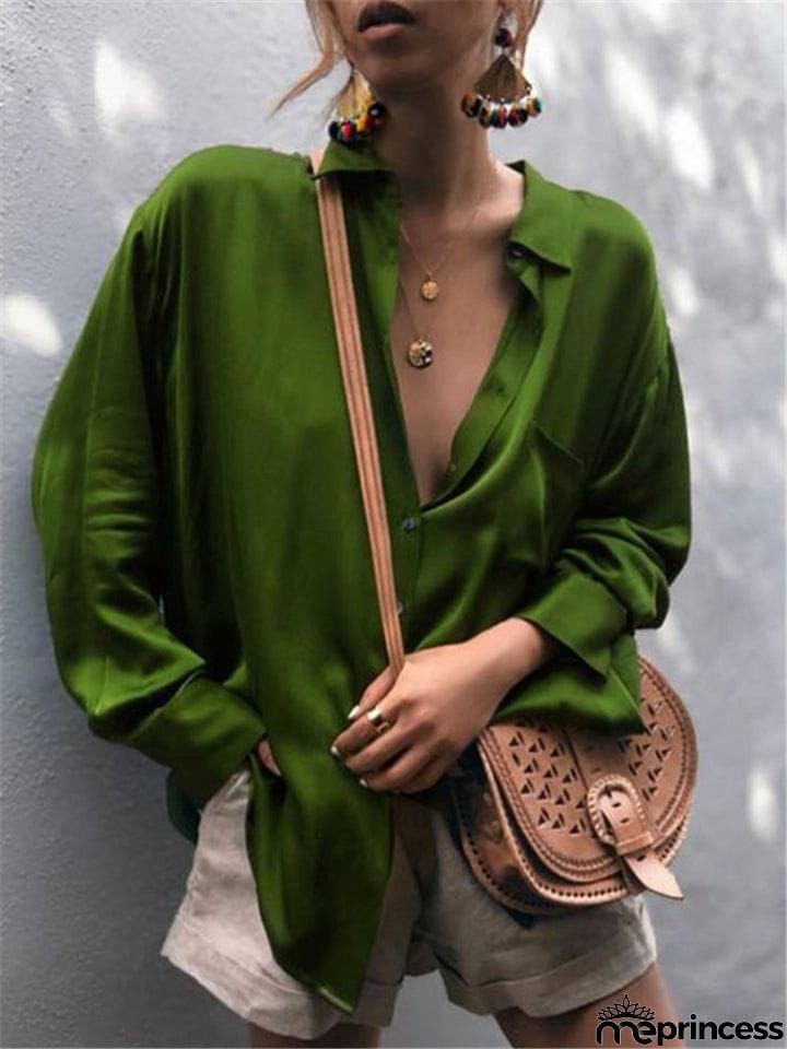 Relaxed Loose Fit Classic Collar Front Button Fastening Chest Pocket Long Sleeve Blouse