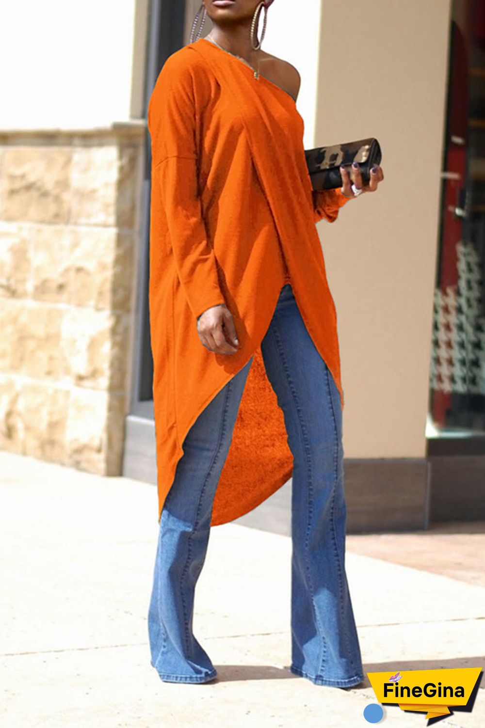 Tangerine Red Casual Solid Patchwork Asymmetrical Oblique Collar Tops