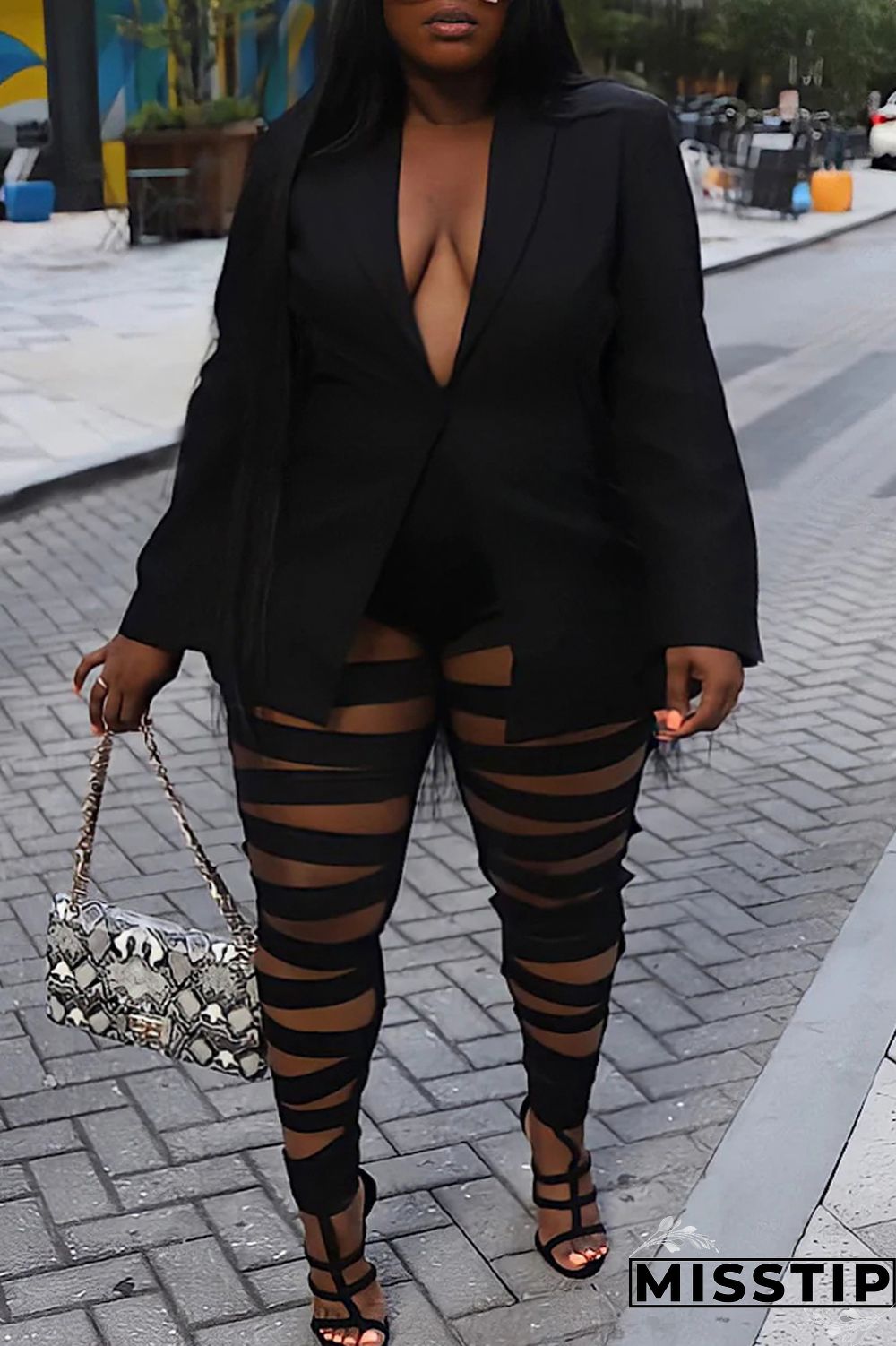 Black Fashion Casual Plus Size Solid Hollowed Out Patchwork Turn-back Collar Long Sleeve Two Pieces