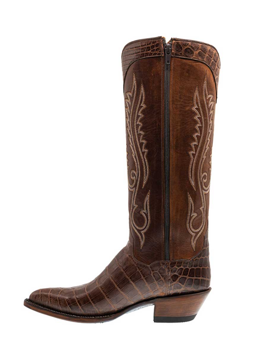 Brown Croco Embossed Pointed Toe Chunky Heel Knee High Cowgirl Boots