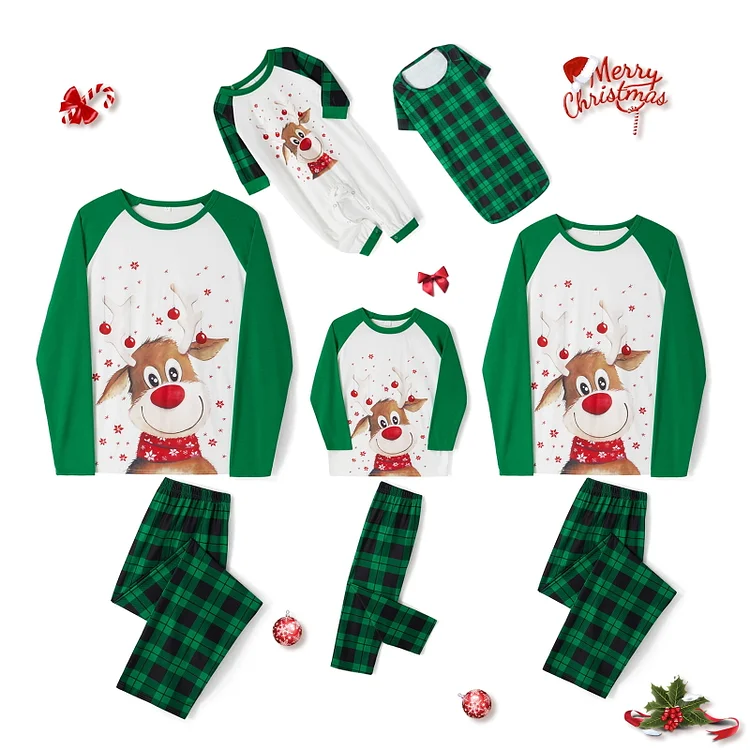 Christmas Family Matching Reindeer Green Plaid Pajamas Set